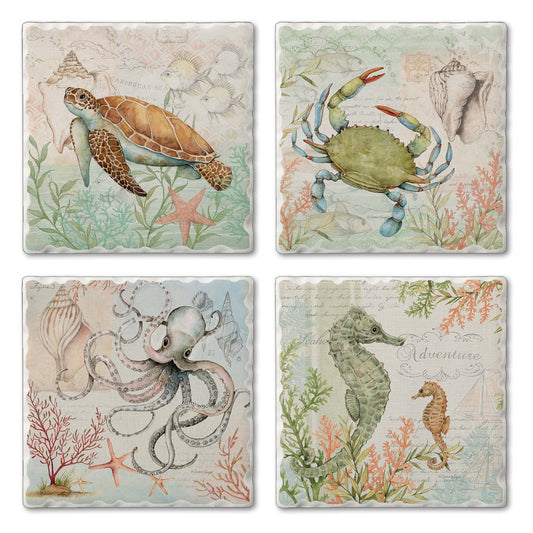 Thirstystone Caribbean Sea Life 4 Pack Assorted Tumbled Tile Stone Coasters 4" Square