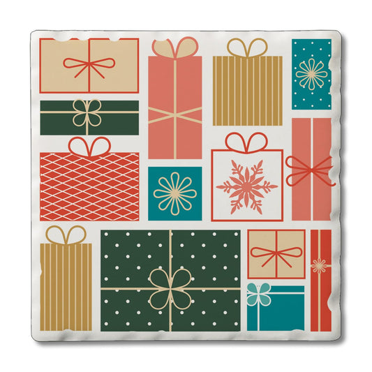 Thirstystone Holiday Packages Single Absorbent Stone Coaster with Protective Cork Backing Manufactured in The USA 4" Square, Artistic, Easily Wipes Clean
