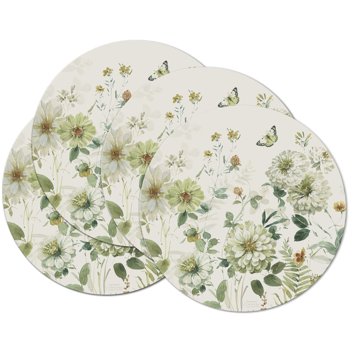 CounterArt Green Fields 4 Pack Round Reversible Easy Care Flexible Placemats Made in the USA