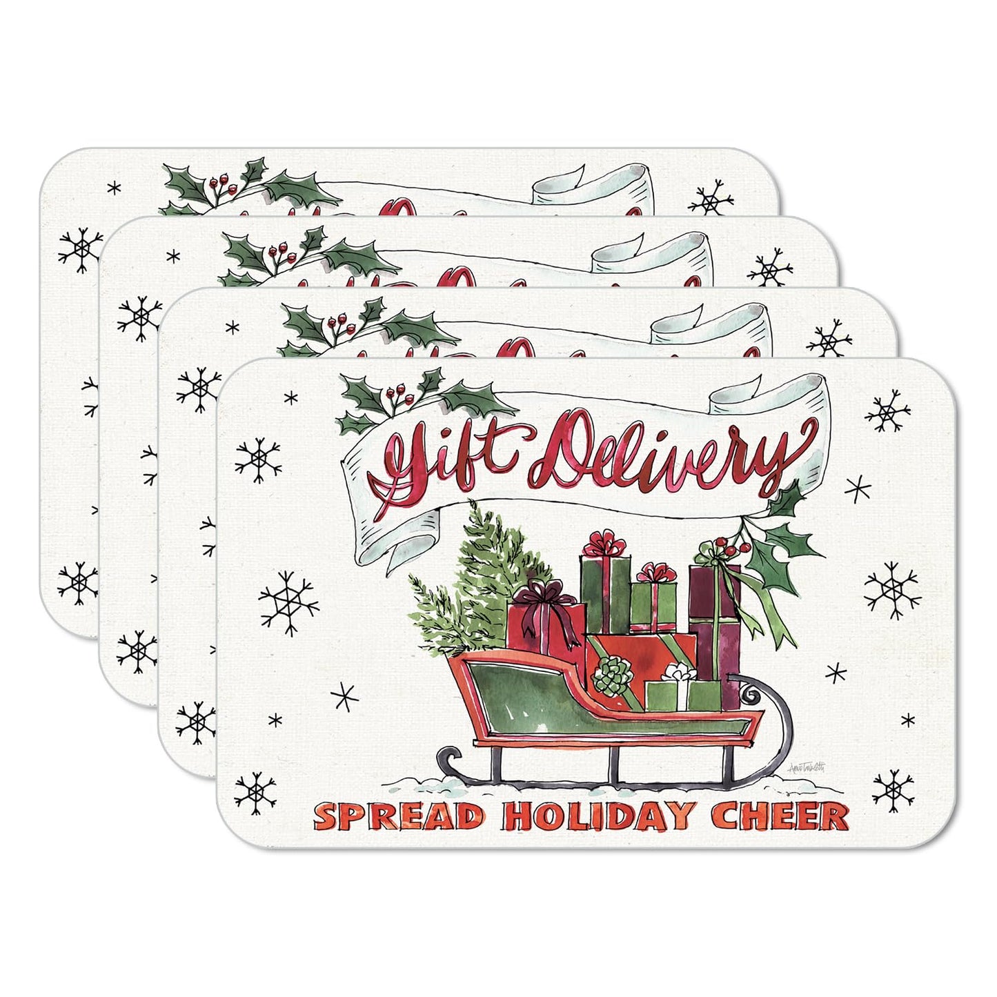 CounterArt Holiday Delivery 4 Pack Reversible Easy Care Flexible Plastic Placemats Made in the USA