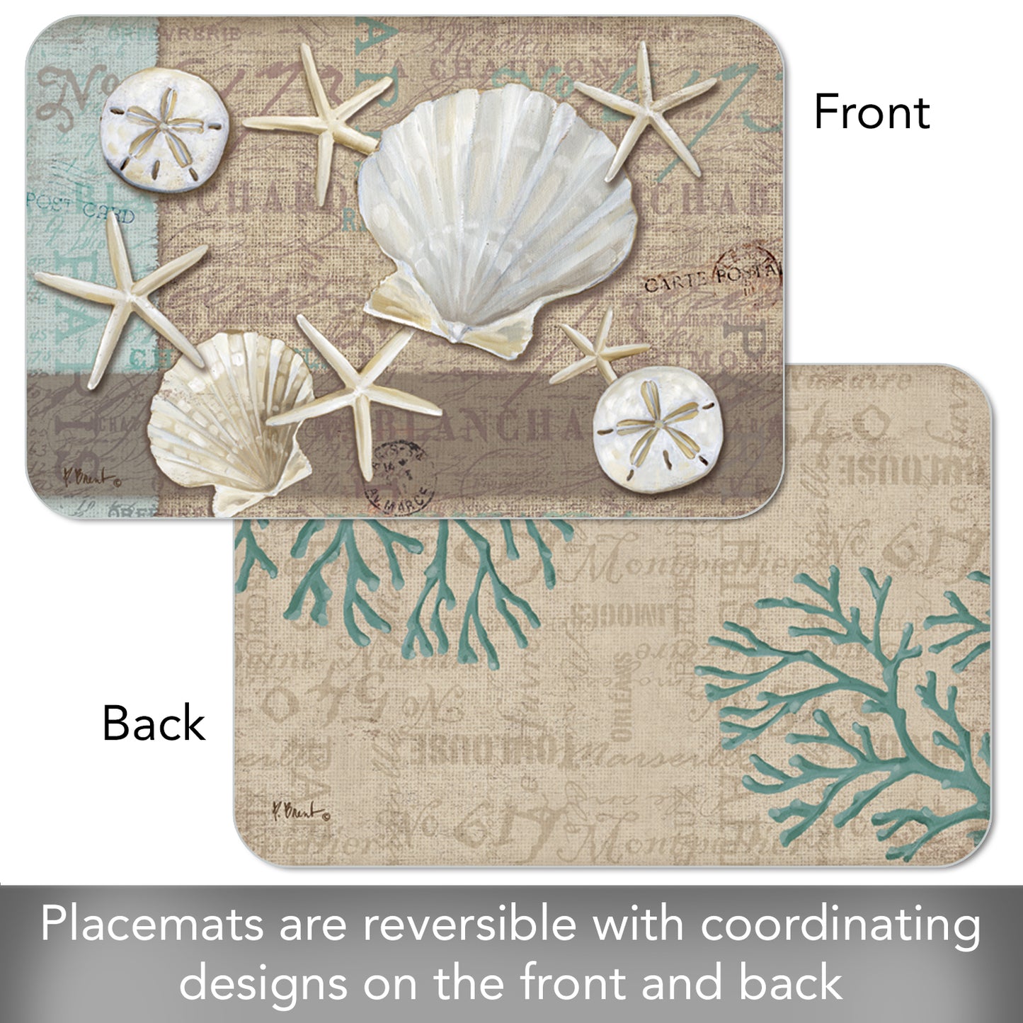 CounterArt Linen Shells 4 Pack Reversible Easy Care Flexible Placemats Made in the USA