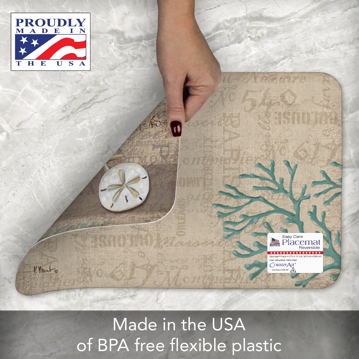 CounterArt Linen Shells 4 Pack Reversible Easy Care Flexible Placemats Made in the USA