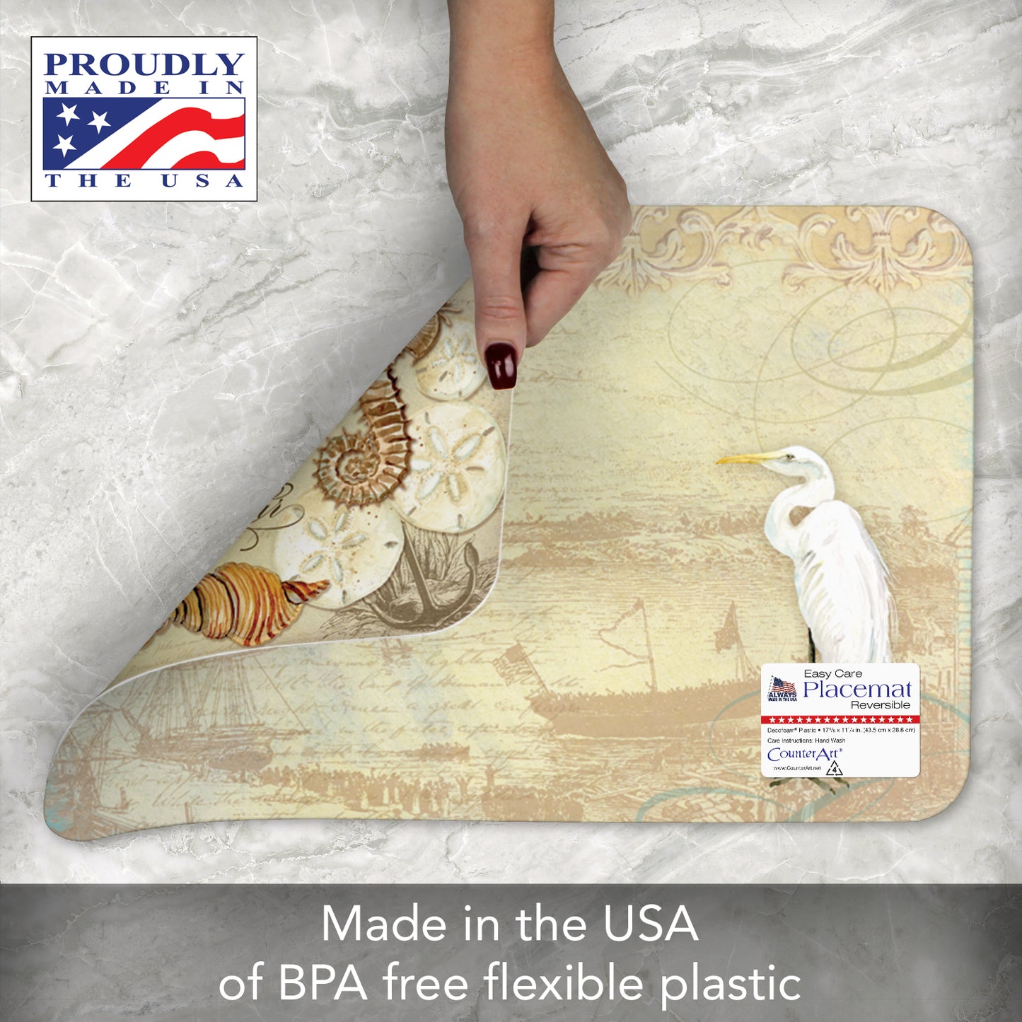 CounterArt Coastal Waterways 4 Pack Reversible Easy Care Flexible Placemats Made in the USA