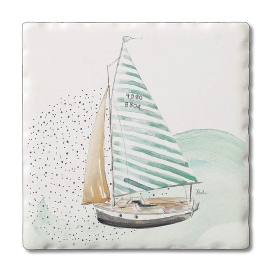 Thirstystone Sailboat Single Tumbled Tile Stone Coaster with Protective Cork Backing Manufactured in The USA 4" Square, Colorful, Artistiic, Easily Wipes Clean