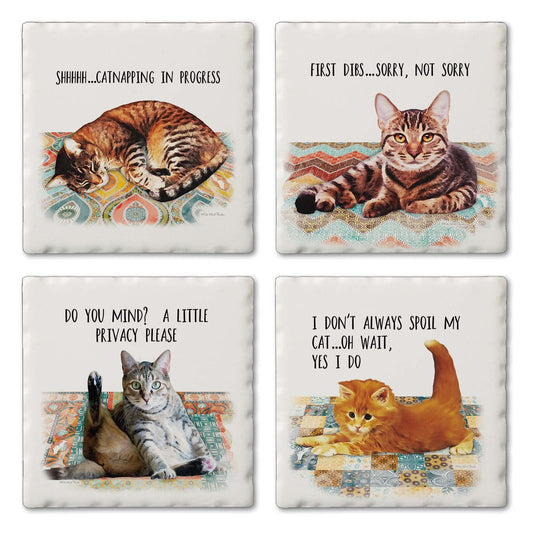 Thirstystone Cat Nappy 4-Pack Tumbled Tile Stone Coasters 4" Square