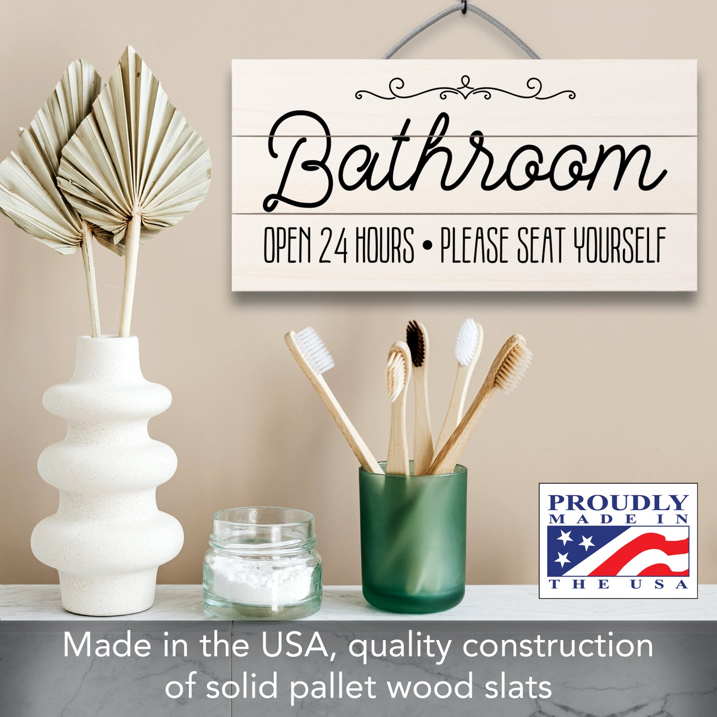 Highland Home Seat Yourself Handcrafted Slatted Pallet Wood Sign 12" x 6" Made in the USA Wire doubles as an Easel