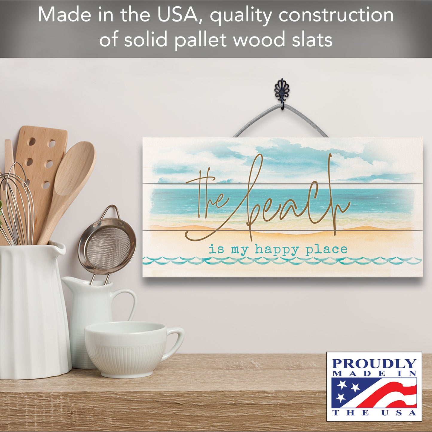 Highland Home Beach is My Happy Place Handcrafted Pallet Wood Sign 12" x 6" Made in the USA Wire Doubles as an Easel