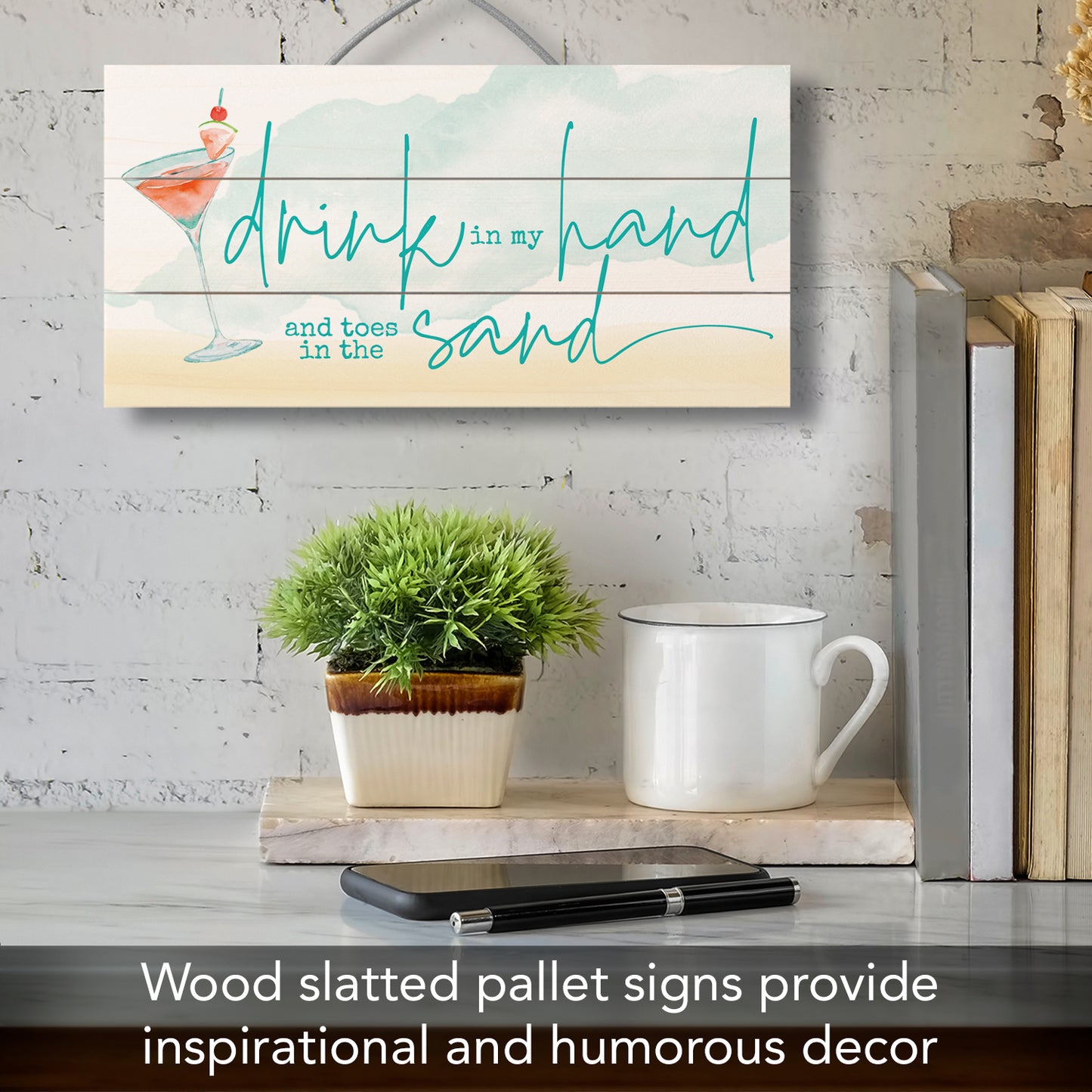 Highland Home Drink in Hand Decorative Pallet Wood Sign 12" x 6" Made in the USA Wire Hanger Doubles as an Easel