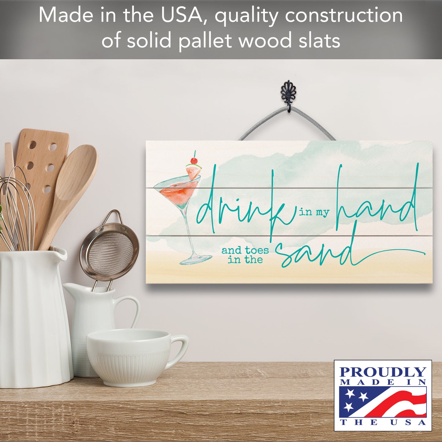 Highland Home Drink in Hand Decorative Pallet Wood Sign 12" x 6" Made in the USA Wire Hanger Doubles as an Easel