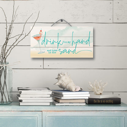 Highland Home Drink in Hand Decorative Pallet Wood Sign 12" x 6" Made in the USA Wire Hanger Doubles as an Easel