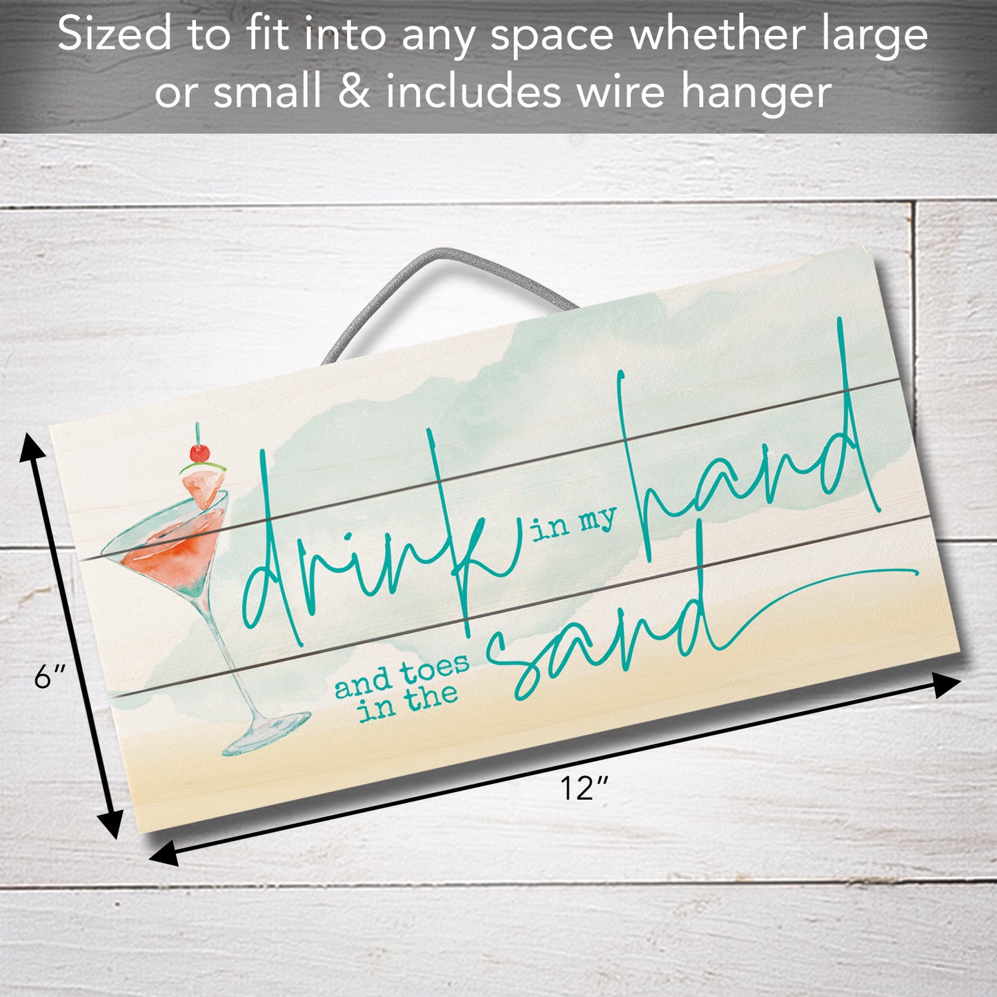 Highland Home Drink in Hand Decorative Pallet Wood Sign 12" x 6" Made in the USA Wire Hanger Doubles as an Easel