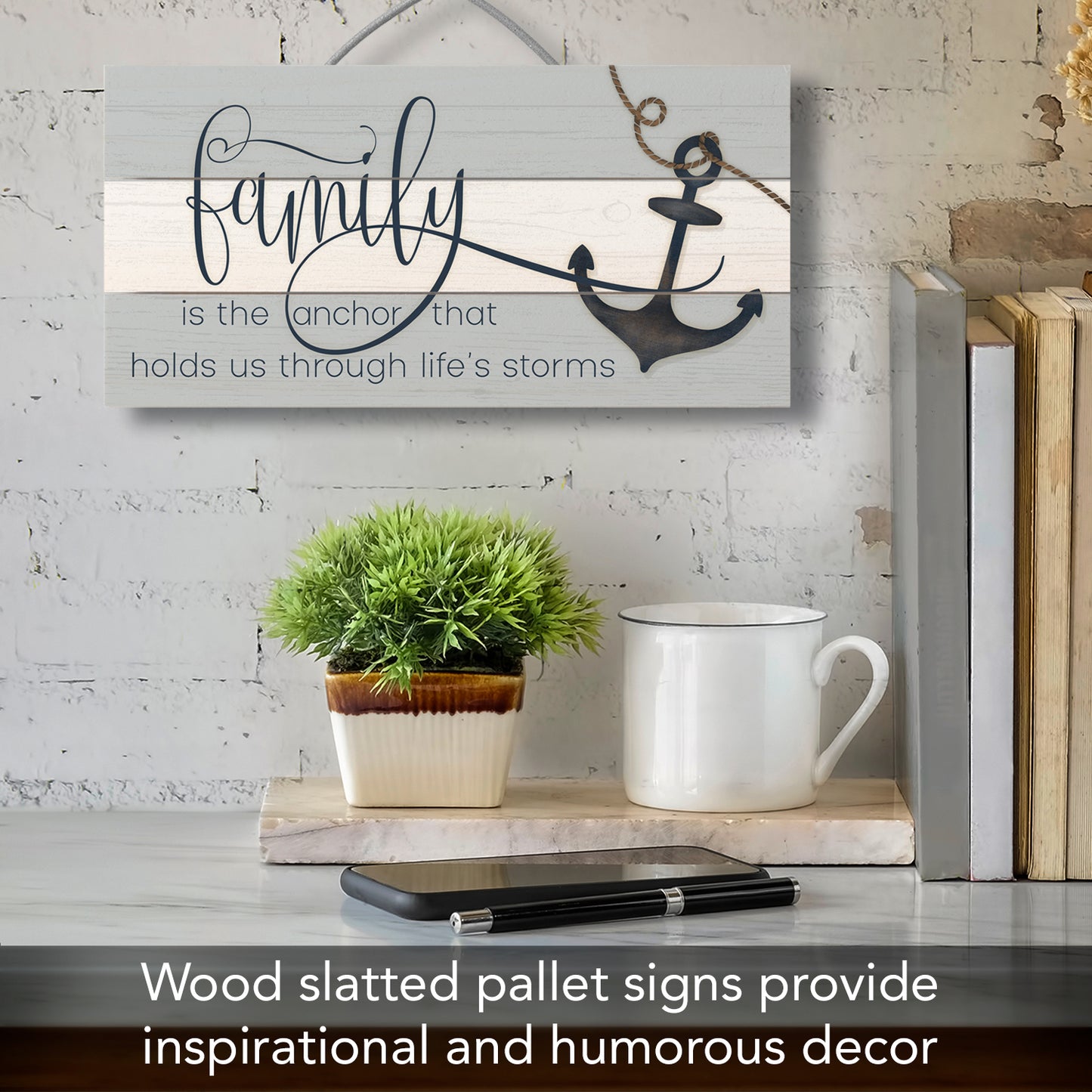Highland Home Family is the Anchor Decorative Pallet Wood Sign 12" x 6" Made in the USA Wire Hanger Doubles as an Easel