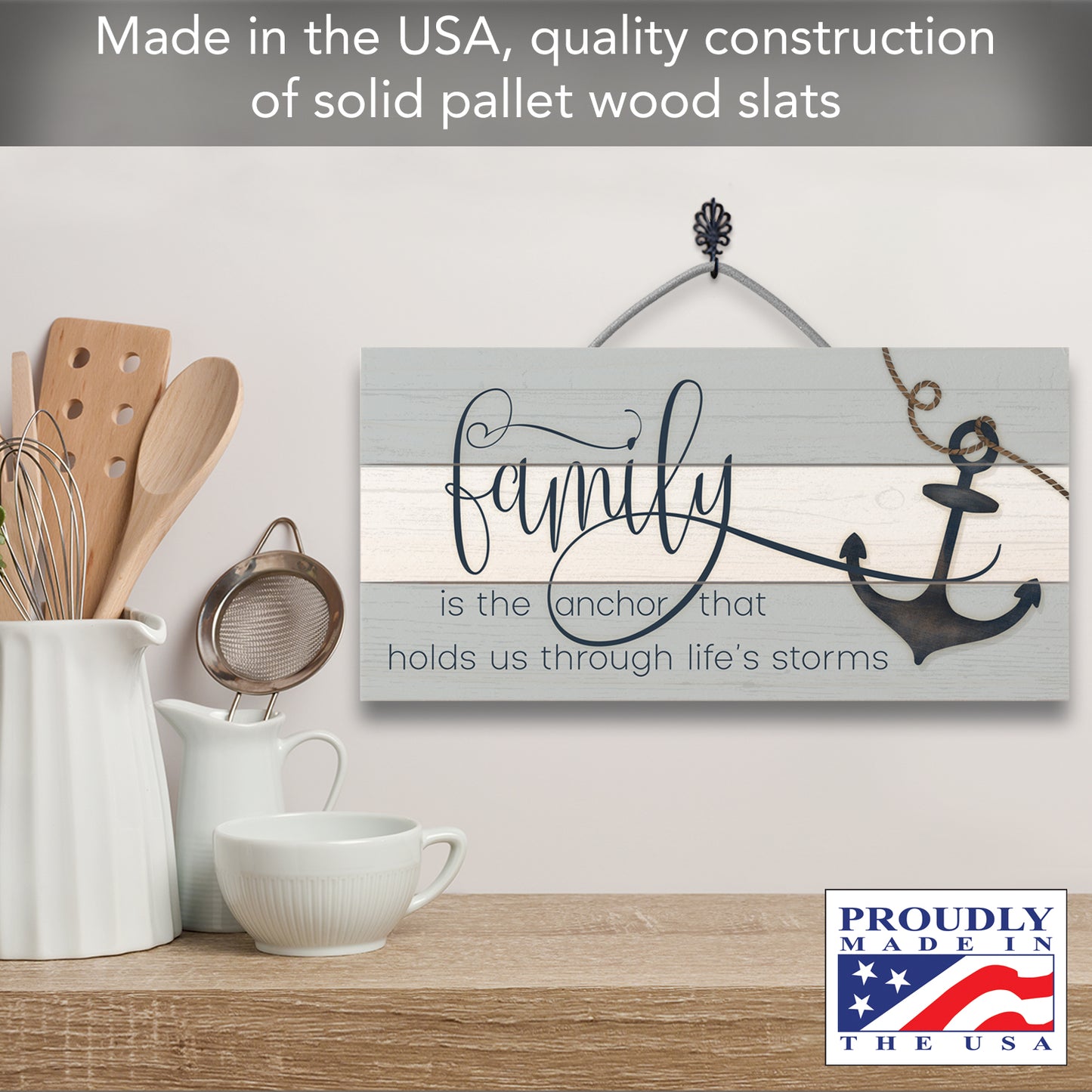 Highland Home Family is the Anchor Decorative Pallet Wood Sign 12" x 6" Made in the USA Wire Hanger Doubles as an Easel