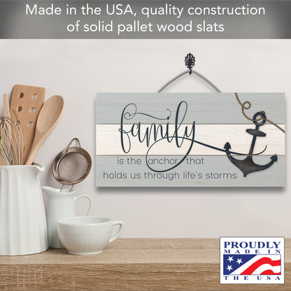 Highland Home Family is the Anchor Decorative Pallet Wood Sign 12" x 6" Made in the USA Wire Hanger Doubles as an Easel