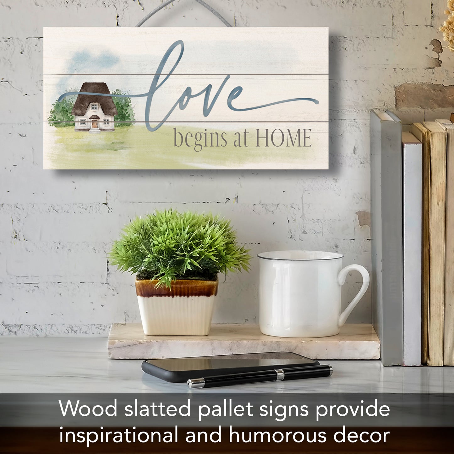 CounterArt Love Begins at Home Decorative Slatted Pallet Wood Sign 12" by 6" Made in the USA