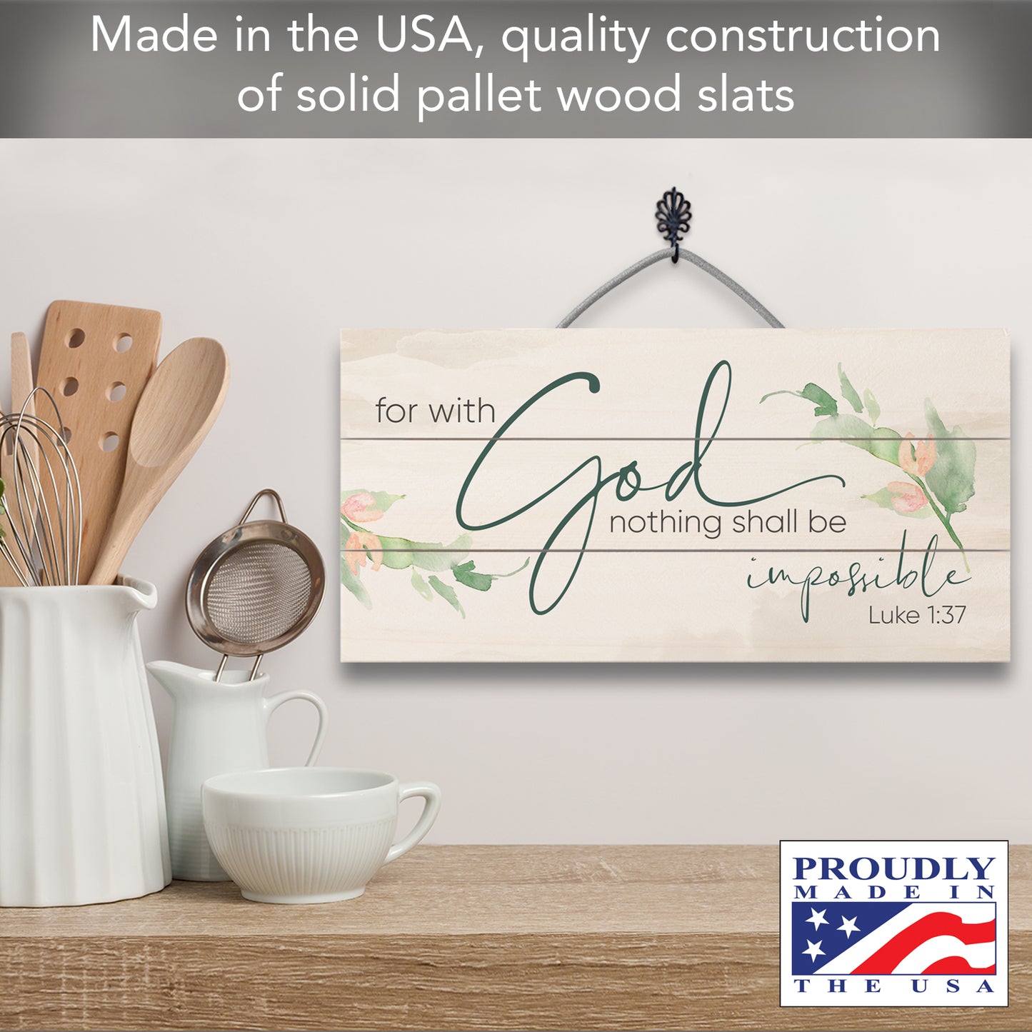Highland Home Nothing Shall Be Impossible Decorative Pallet Wood Sign 12" x 6" Made in the USA Wire Hanger Included and Doubles as an Easel