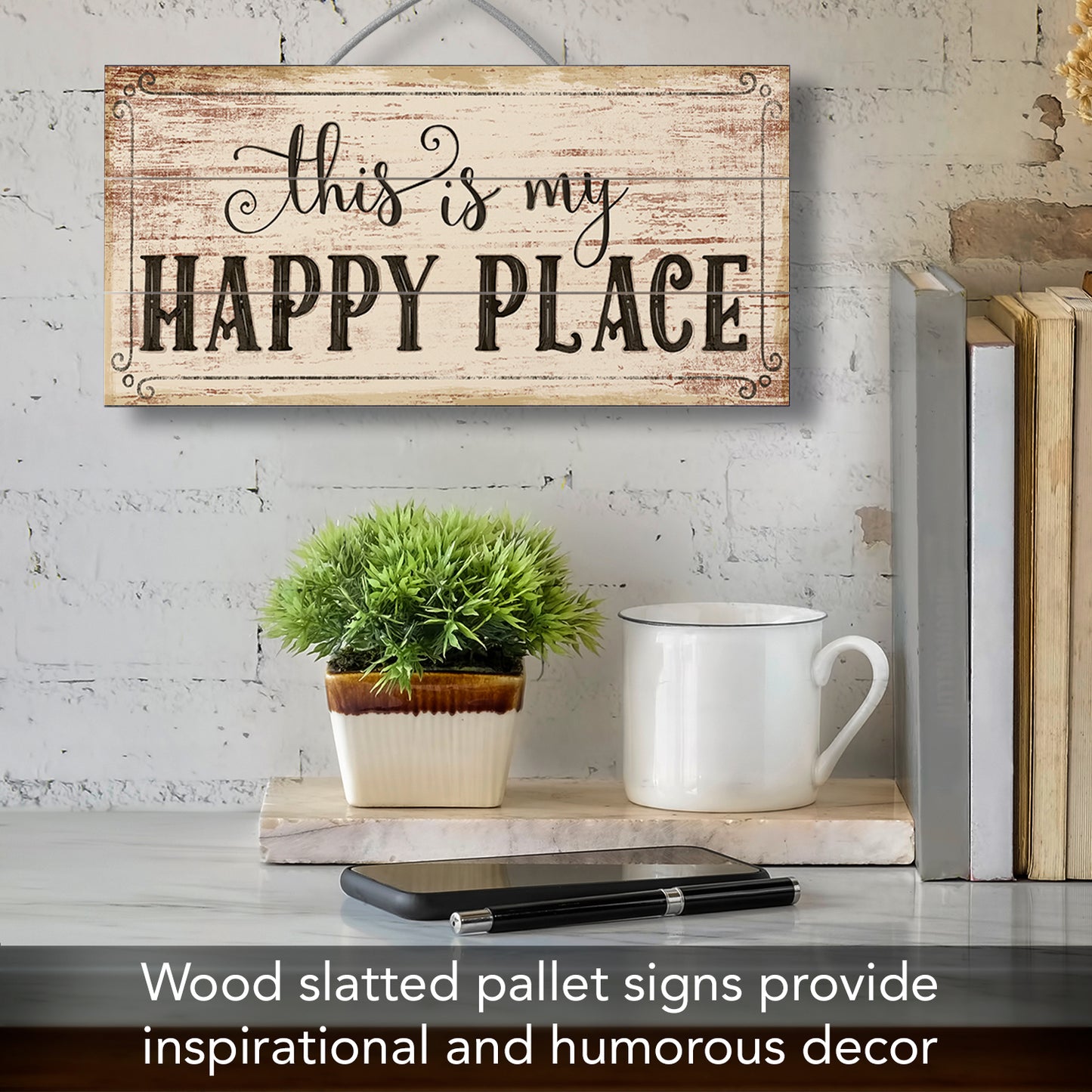 Highland Home My Happy Place Decorative Pallet Wood Sign 12" x 6" Made in the USA Wire Hanger Included that Doubles as an Easel