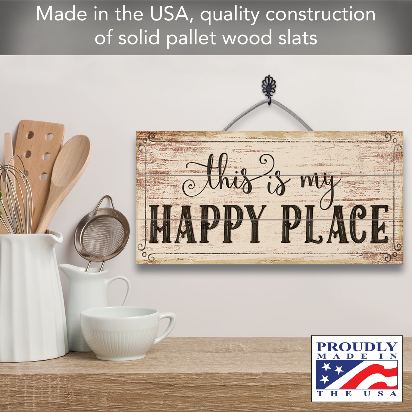 Highland Home My Happy Place Decorative Pallet Wood Sign 12" x 6" Made in the USA Wire Hanger Included that Doubles as an Easel