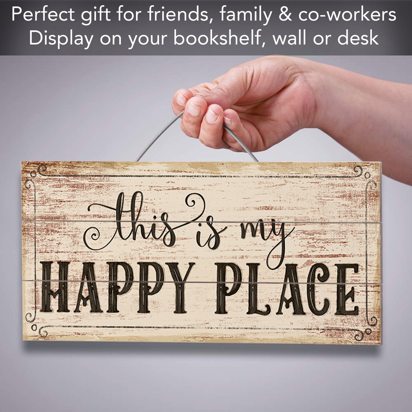 Highland Home My Happy Place Decorative Pallet Wood Sign 12" x 6" Made in the USA Wire Hanger Included that Doubles as an Easel