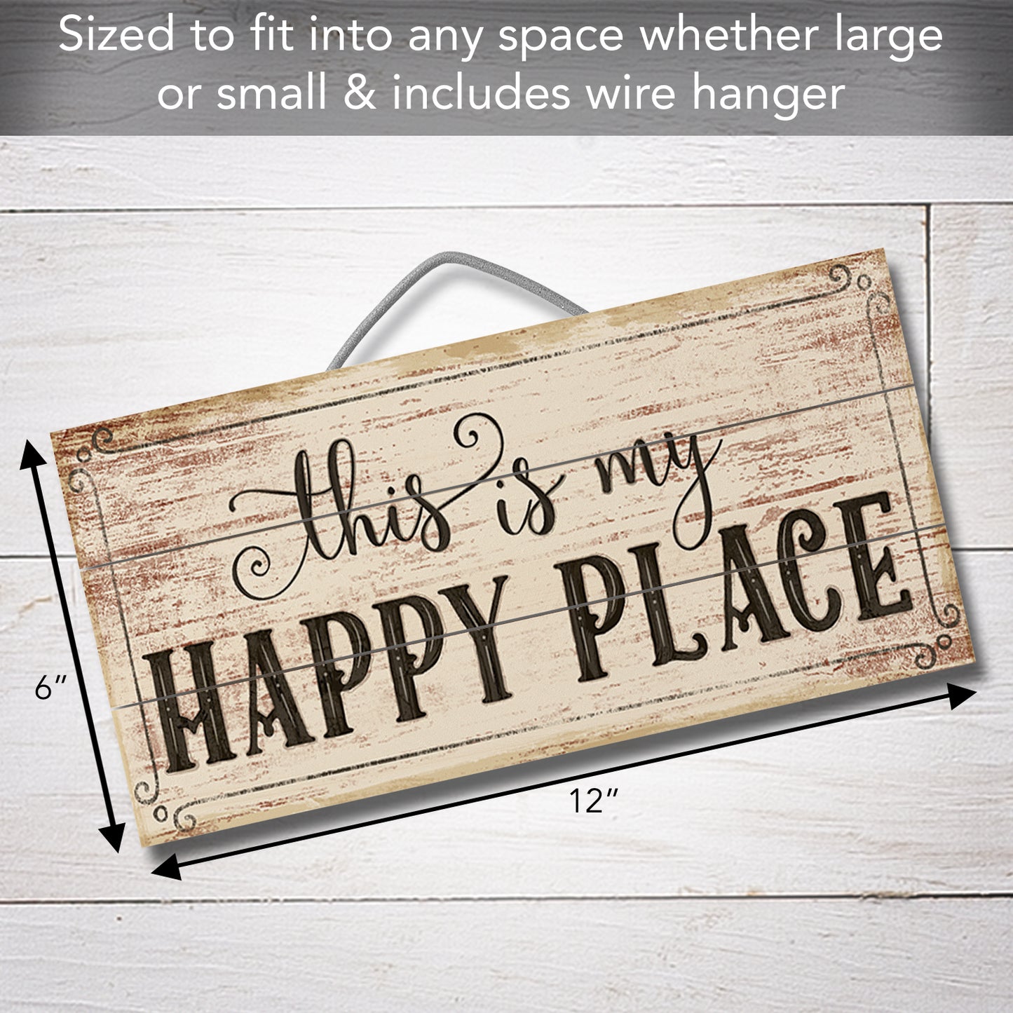 Highland Home My Happy Place Decorative Pallet Wood Sign 12" x 6" Made in the USA Wire Hanger Included that Doubles as an Easel