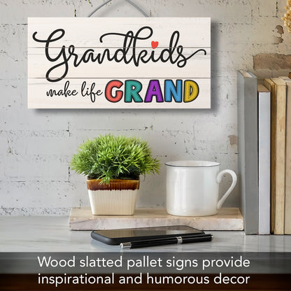 Highland Home Grandkids Make Life Grand Decorative Pallet Wood Sign 12" x 6" Made in the USA Wire Hanger Included that Doubles as an Easel