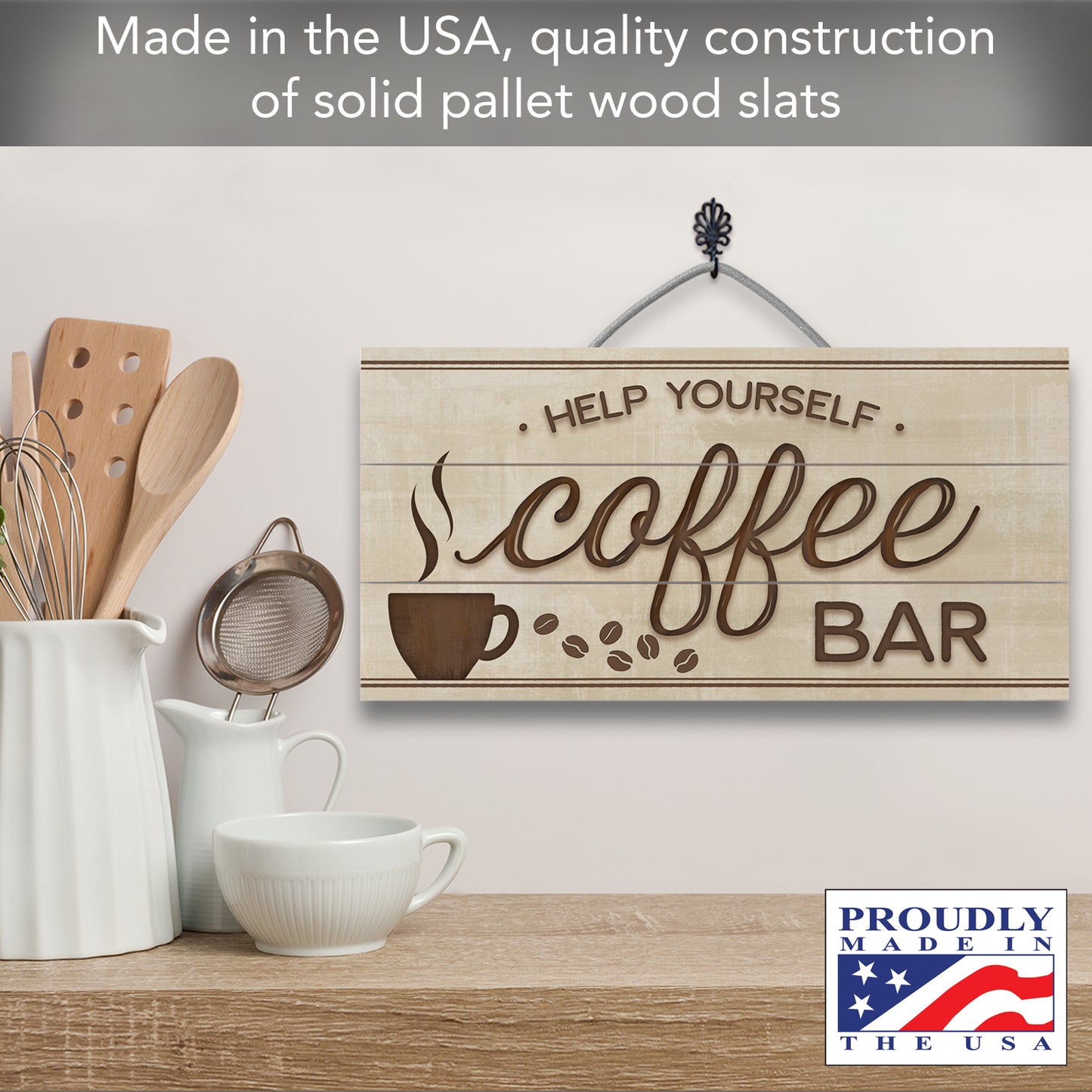 CounterArt Coffee Bar Decorative Slatted Pallet Wood Sign 12" by 6" Made in the USA