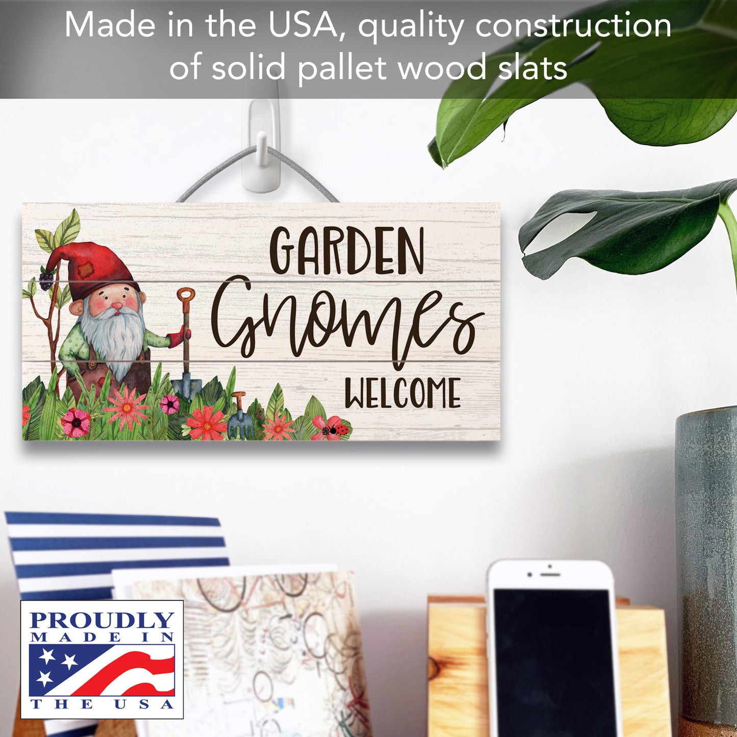 CounterArt Garden Gnomes Decorative Slatted Pallet Wood Sign 12" by 6" Made in the USA