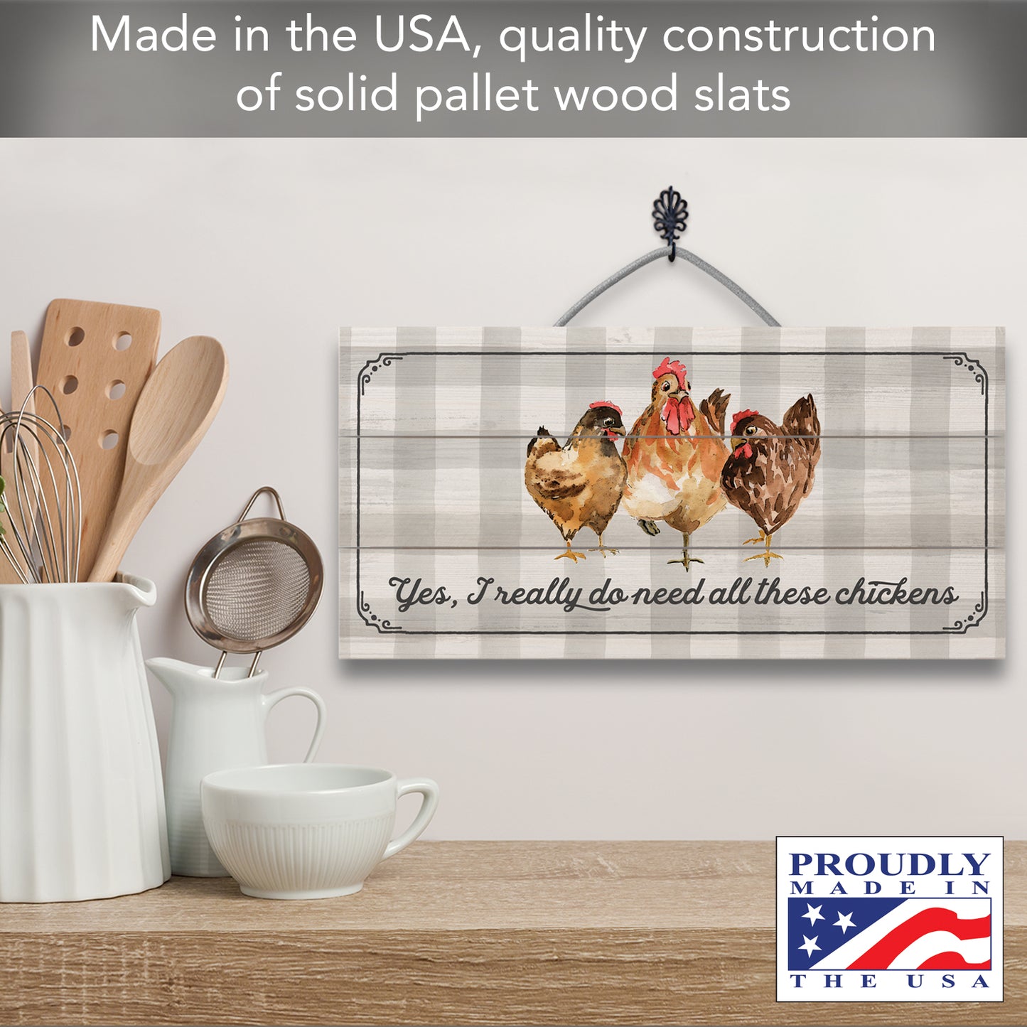 CounterArt All These Chickens Decorative Slatted Pallet Wood Sign 12" by 6" Made in the USA