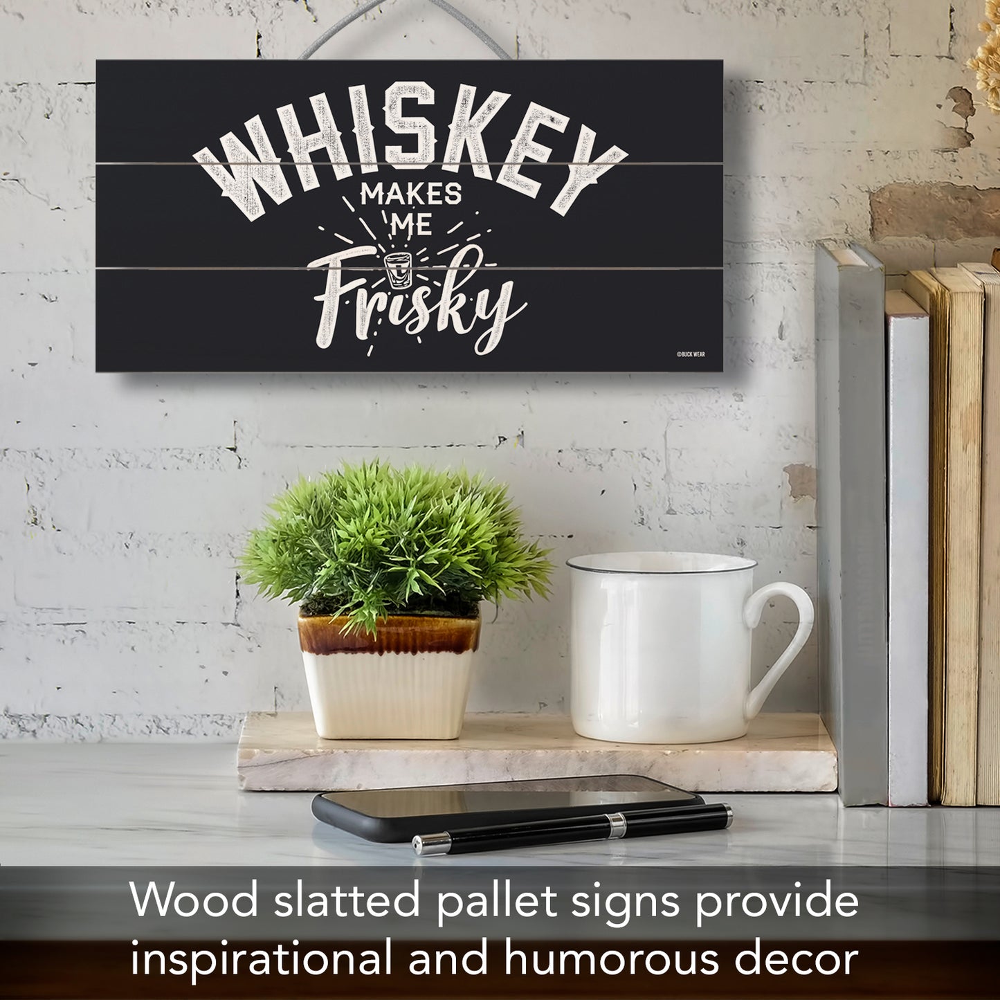 CounterArt Frisky Decorative Slatted Pallet Wood Sign 12" by 6" Features Wire Hanger That Doubles As An Easel