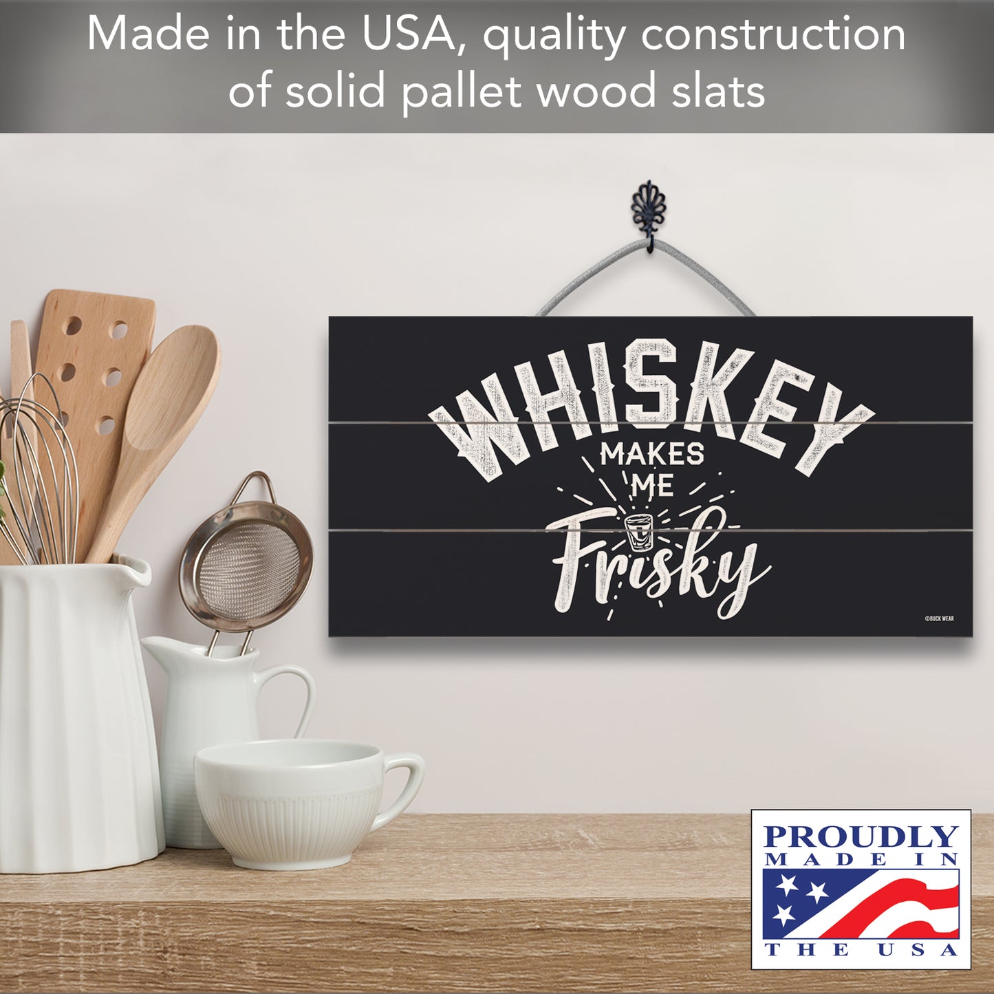 CounterArt Frisky Decorative Slatted Pallet Wood Sign 12" by 6" Features Wire Hanger That Doubles As An Easel