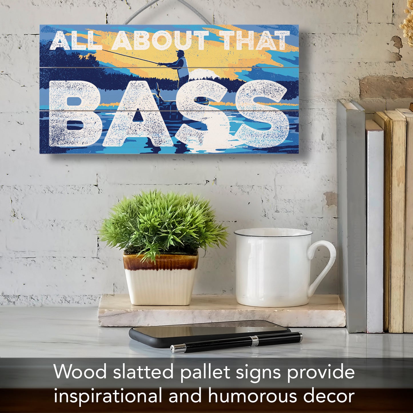 CounterArt That Bass Decorative Slatted Pallet Wood Sign 12" by 6" Features Wire Hanger That Doubles As An Easel