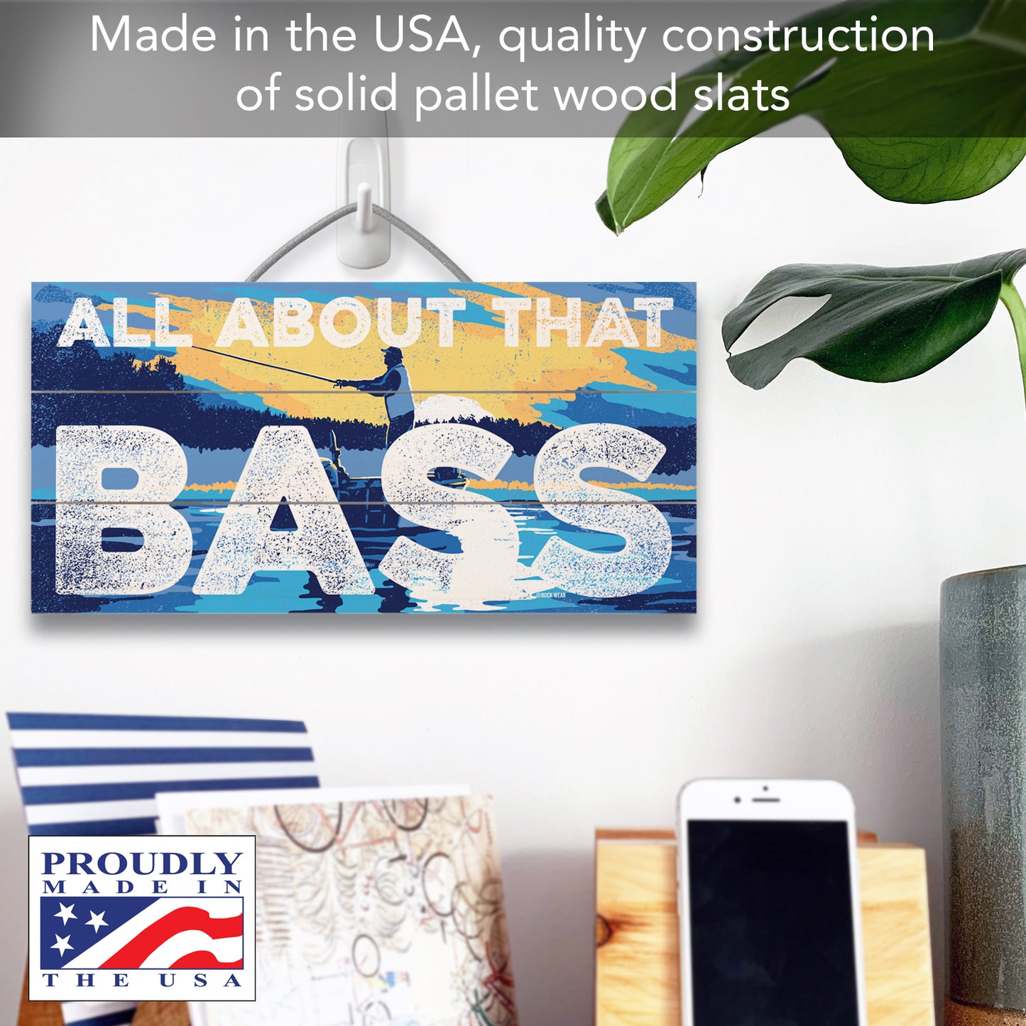 CounterArt That Bass Decorative Slatted Pallet Wood Sign 12" by 6" Features Wire Hanger That Doubles As An Easel