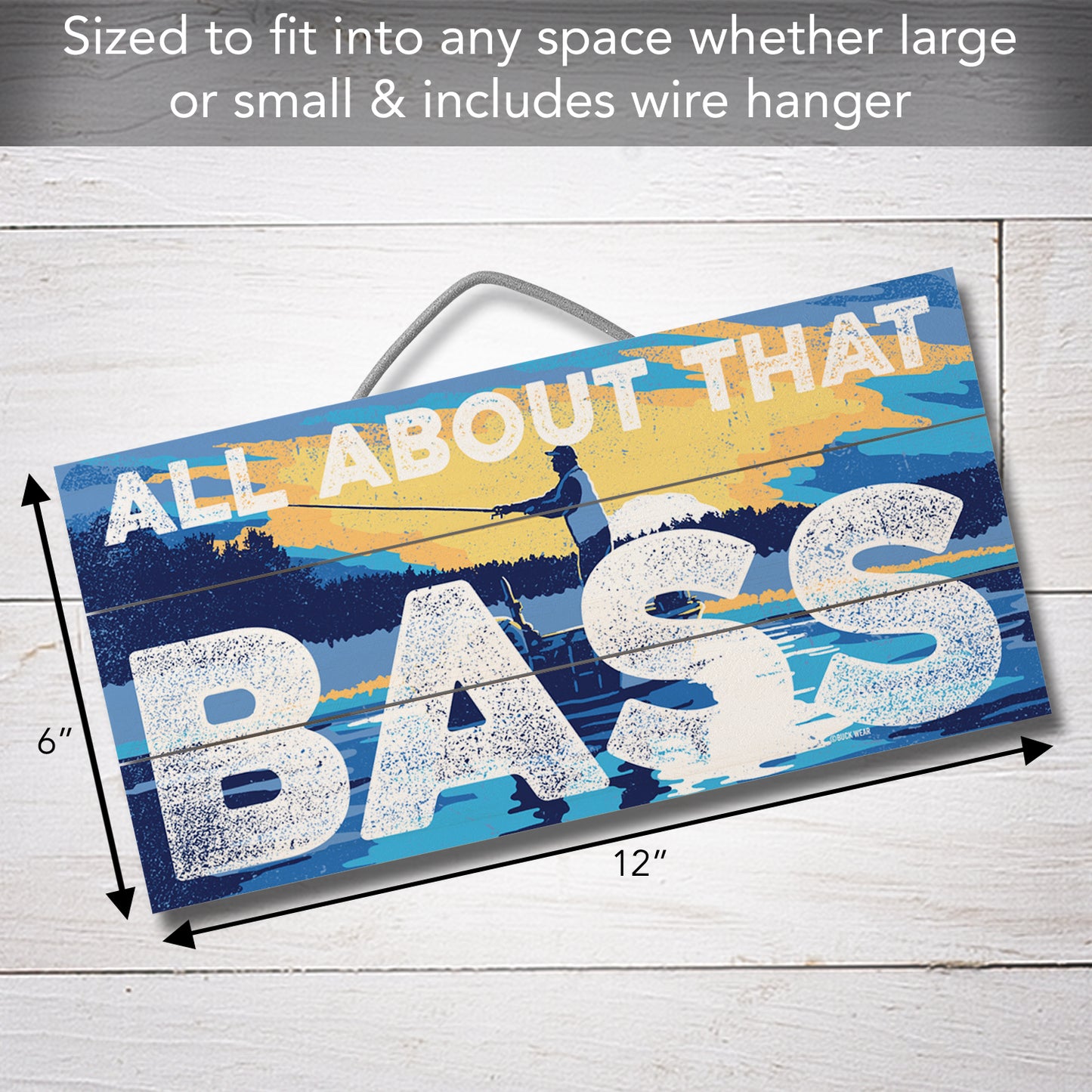 CounterArt That Bass Decorative Slatted Pallet Wood Sign 12" by 6" Features Wire Hanger That Doubles As An Easel