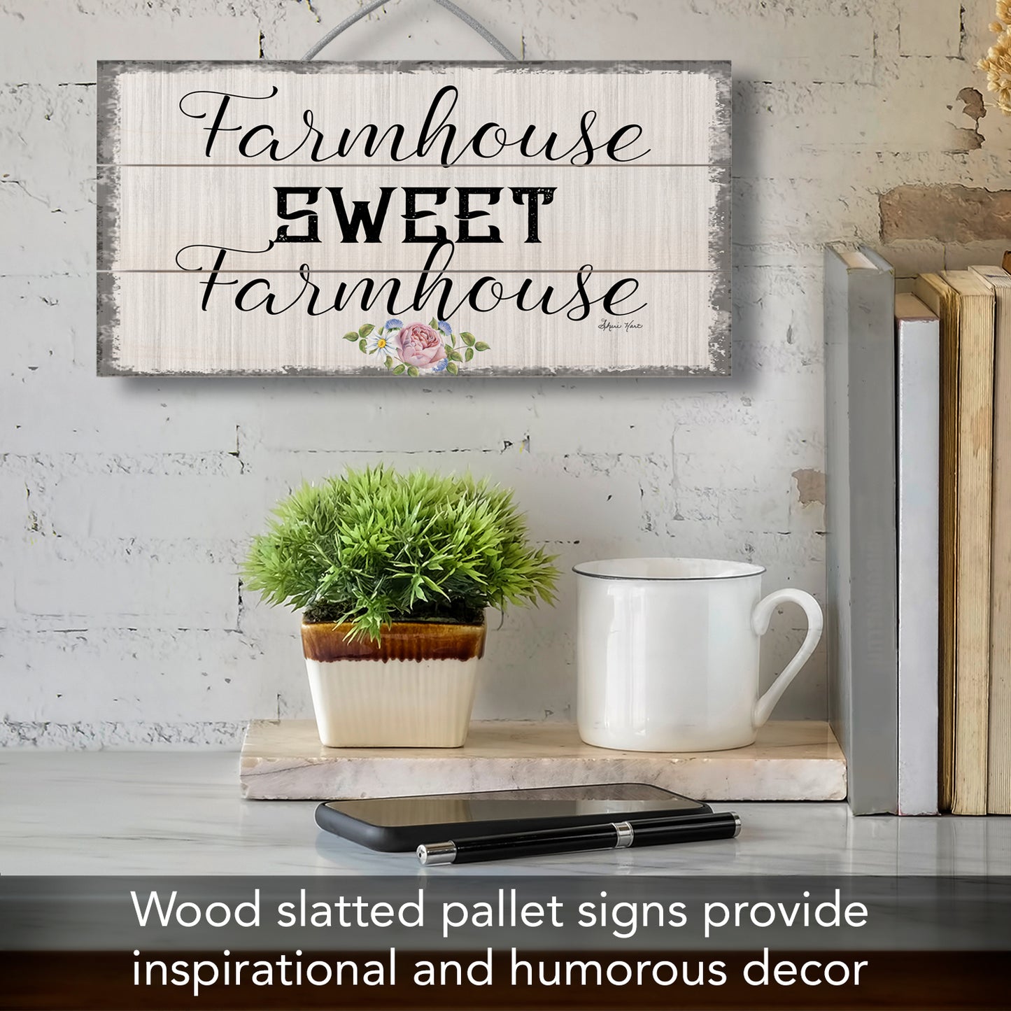 Highland Home Farmhouse Decorative Slatted Pallet Wood Sign 12" by 6" Features Wire Hanger That Doubles As An Easel