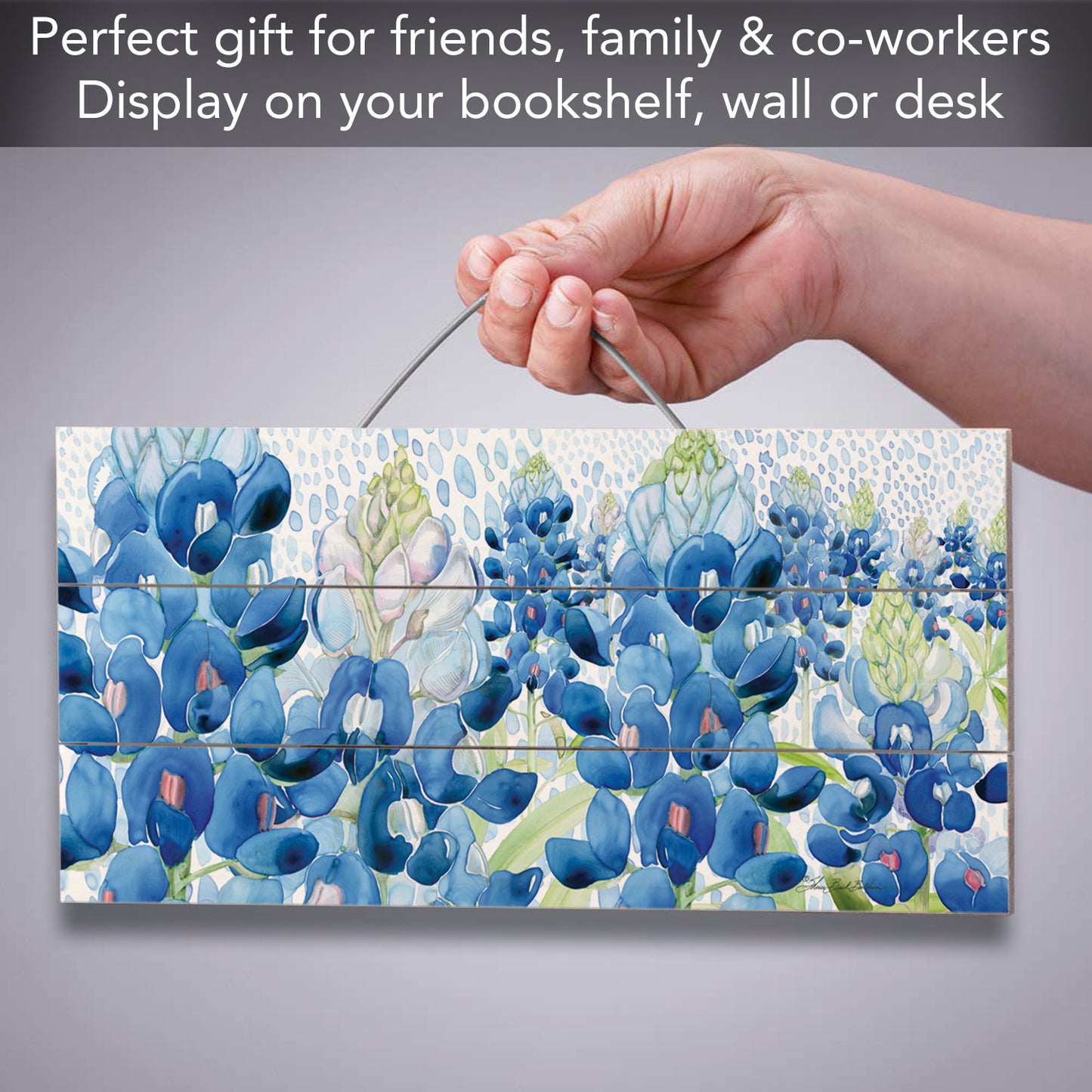 Highland Home Bluebonnet Field Decorative Slatted Pallet Wood Sign 12" by 6" Features Wire Hanger That Doubles As An Easel