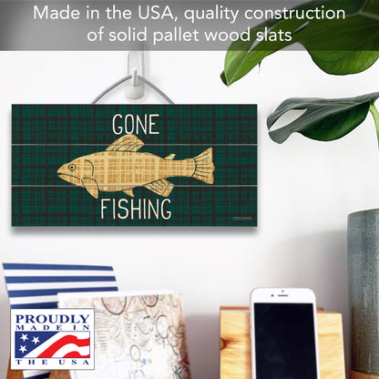 Highland Home Gone Fishing Decorative Slatted Pallet Wood Sign 12" by 6" Features Wire Hanger That Doubles As An Easel