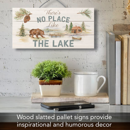 Rustic Lake Decorative Slatted Pallet Wood Sign 12" by 6" Wire Hanger Doubles as an Easel