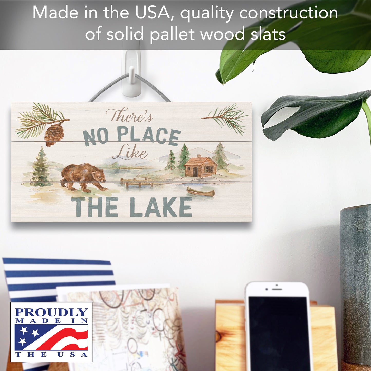 Rustic Lake Decorative Slatted Pallet Wood Sign 12" by 6" Wire Hanger Doubles as an Easel