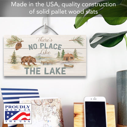 Rustic Lake Decorative Slatted Pallet Wood Sign 12" by 6" Wire Hanger Doubles as an Easel