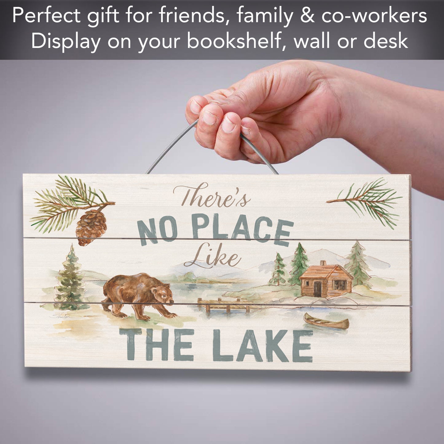 Rustic Lake Decorative Slatted Pallet Wood Sign 12" by 6" Wire Hanger Doubles as an Easel