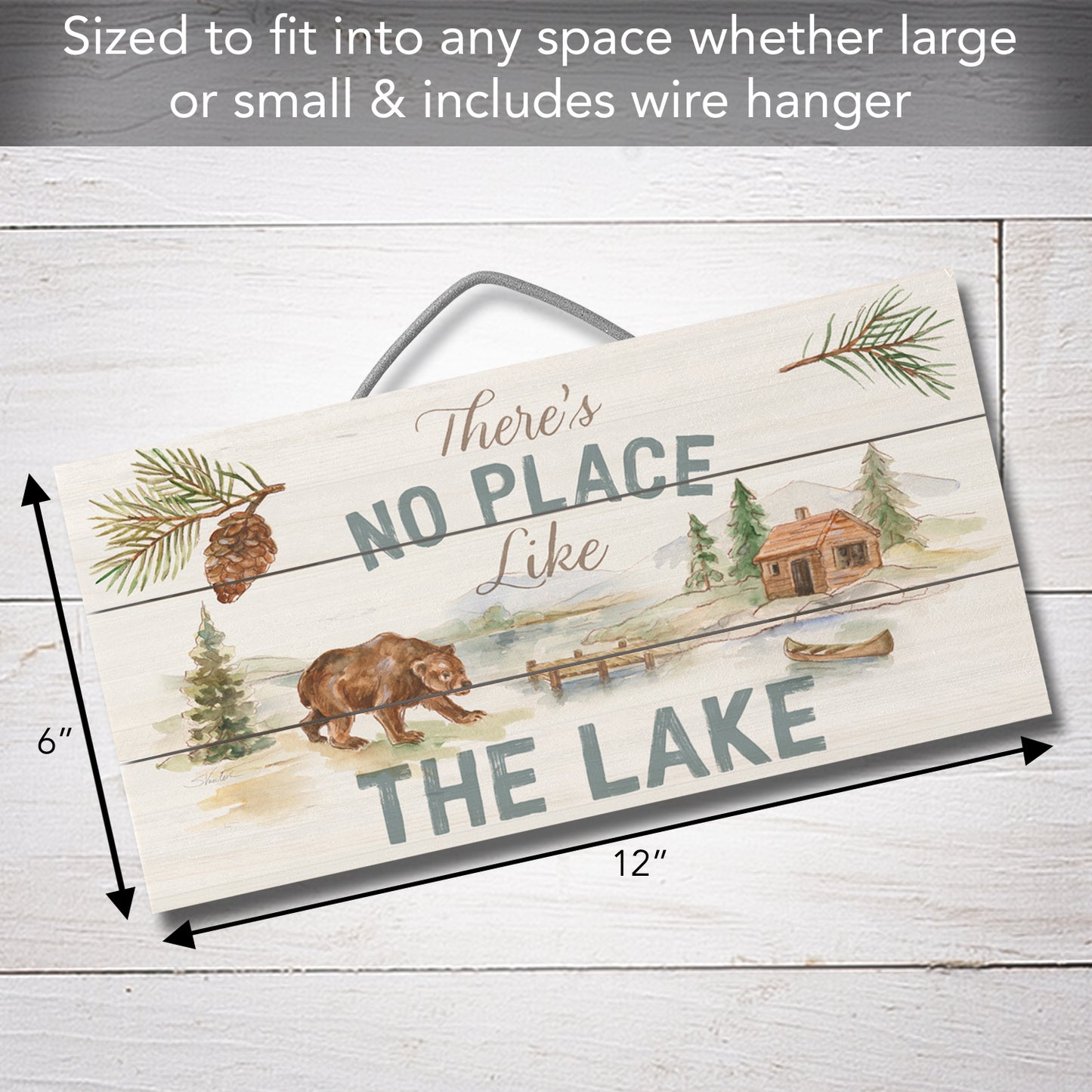 Rustic Lake Decorative Slatted Pallet Wood Sign 12" by 6" Wire Hanger Doubles as an Easel