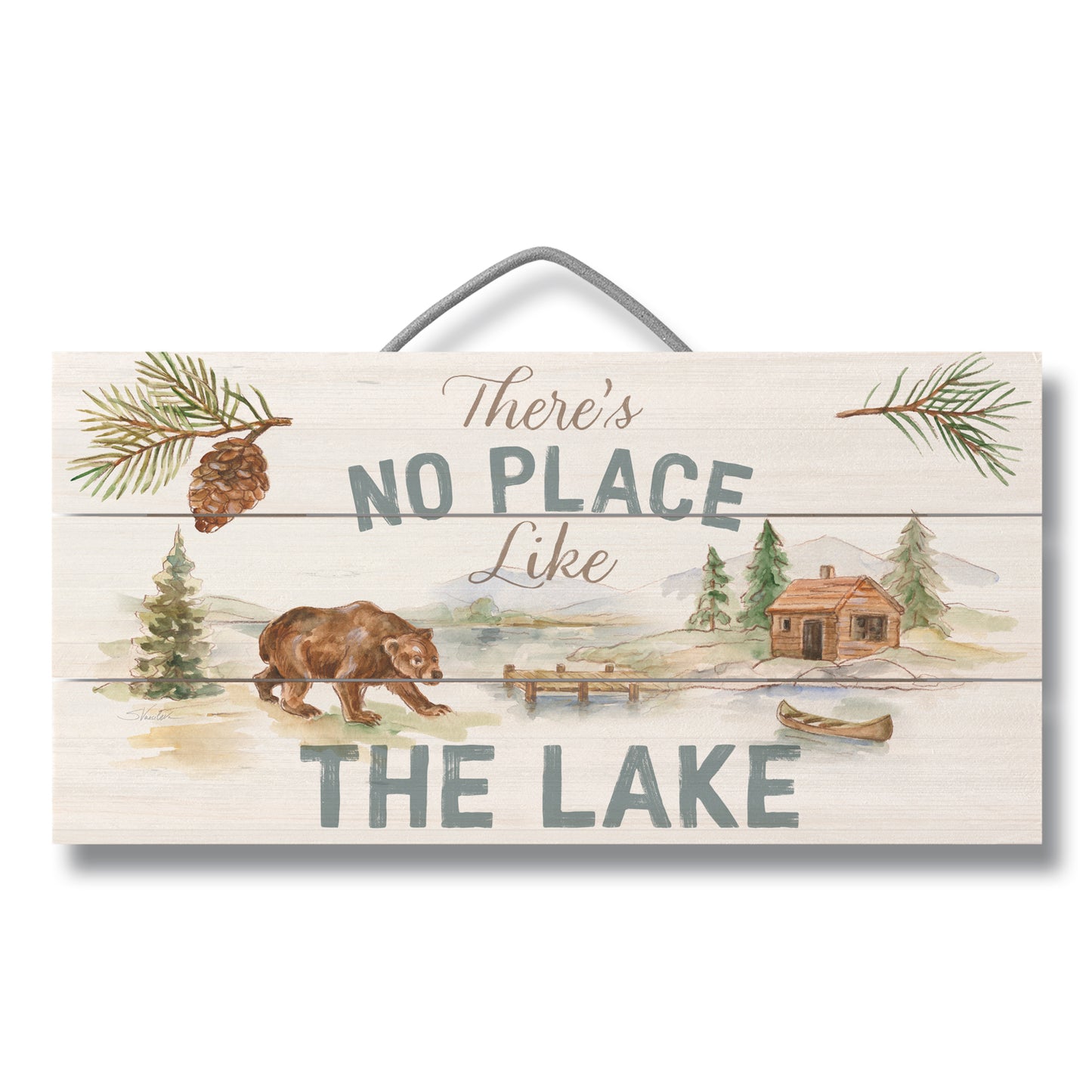 Rustic Lake Decorative Slatted Pallet Wood Sign 12" by 6" Wire Hanger Doubles as an Easel