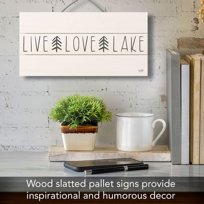 Live Love Lake Decorative Slatted Pallet Wood Sign 12" by 6" Wire Hanger Doubles as an Easel