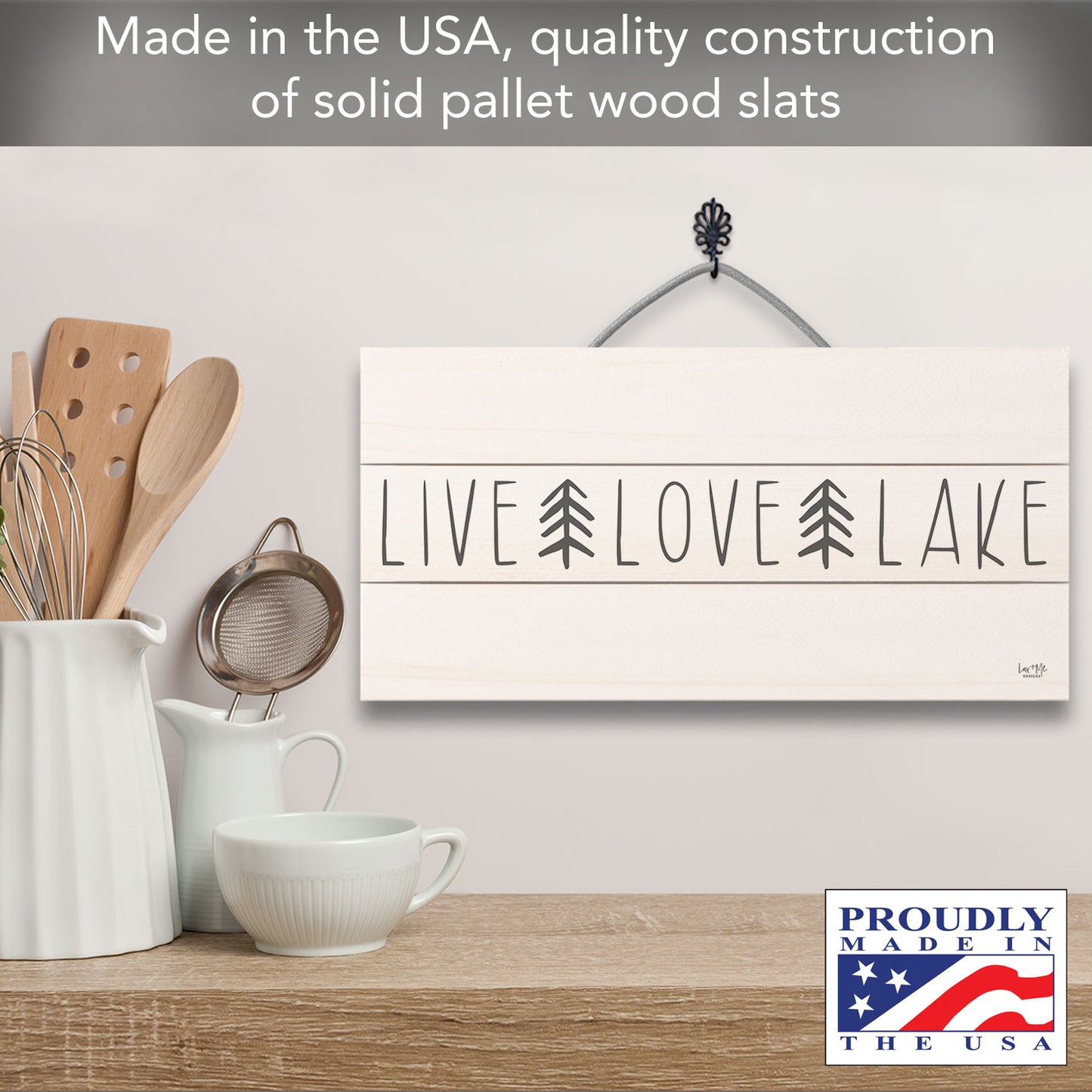 Live Love Lake Decorative Slatted Pallet Wood Sign 12" by 6" Wire Hanger Doubles as an Easel
