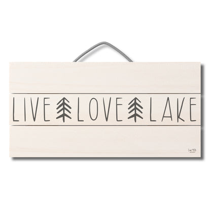 Live Love Lake Decorative Slatted Pallet Wood Sign 12" by 6" Wire Hanger Doubles as an Easel