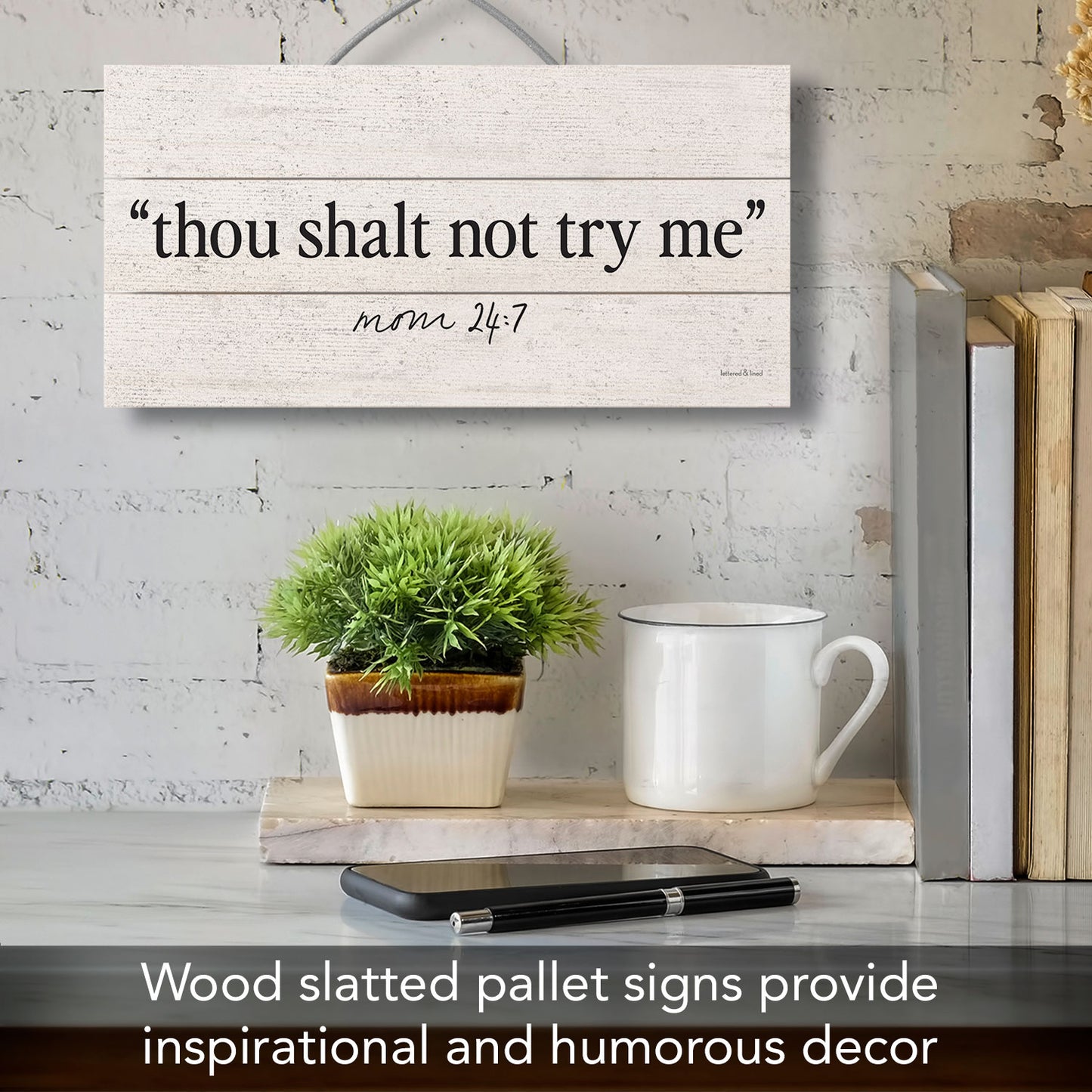 Try Me Decorative Slatted Pallet Wood Sign 12" by 6" Wire Hanger Doubles as an Easel