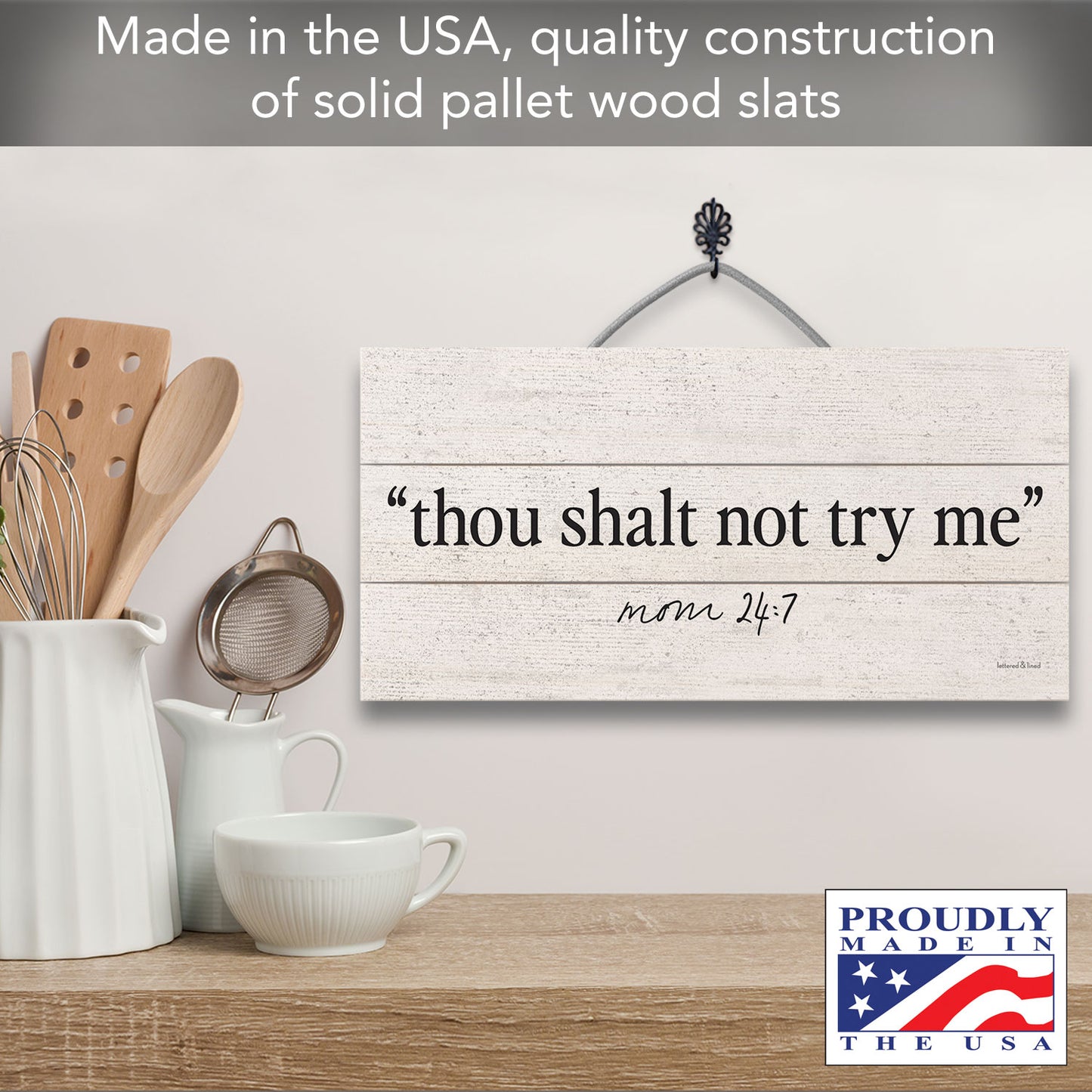 Try Me Decorative Slatted Pallet Wood Sign 12" by 6" Wire Hanger Doubles as an Easel