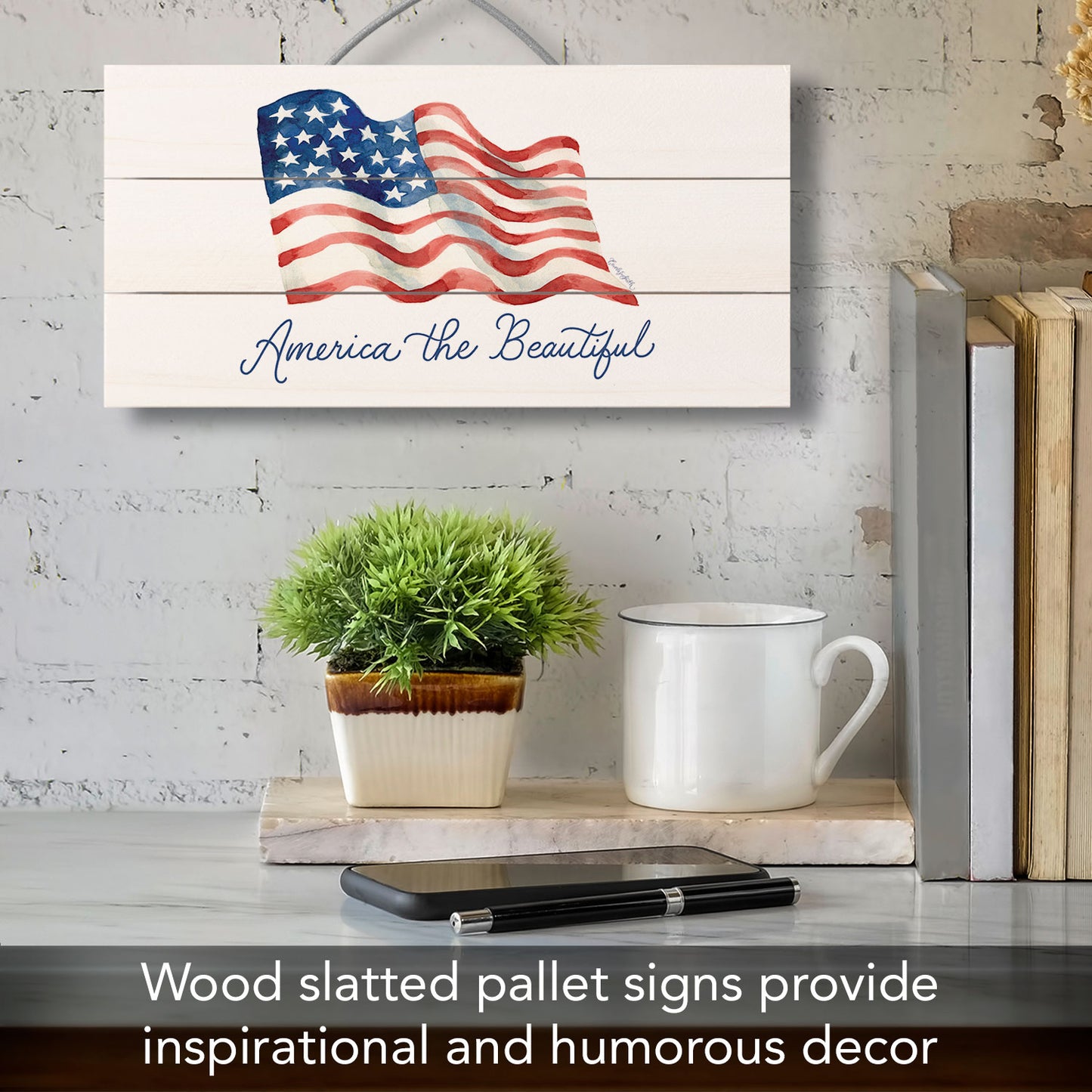 America the Beautiful Decorative Slatted Pallet Wood Sign 12" by 6" Wire Hanger Doubles as an Easel