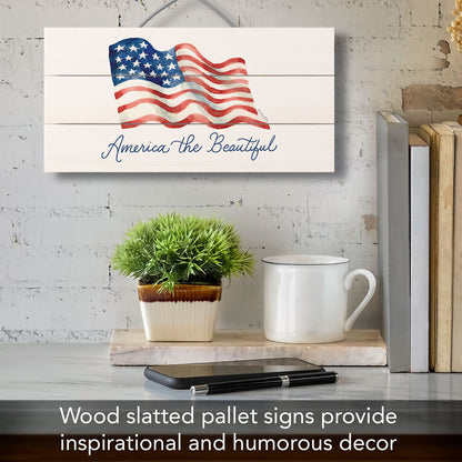 America the Beautiful Decorative Slatted Pallet Wood Sign 12" by 6" Wire Hanger Doubles as an Easel