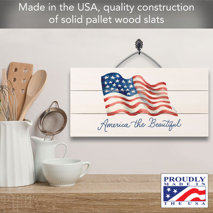 America the Beautiful Decorative Slatted Pallet Wood Sign 12" by 6" Wire Hanger Doubles as an Easel